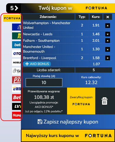 Na utworzonym kuponie AKO firmy bukmacherskie zostaną automatycznie ułożone w kolejności od tej która na ten kupon oferuje najwyższy łączny kurs do tej która oferuje kurs najniższy kupon AKO